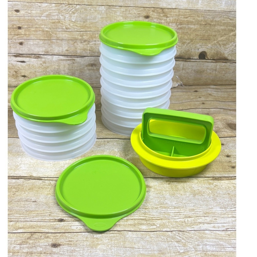 Tupperware Hamburger Press & Keepers Set  Large Patty Mold & Storage Green 5"